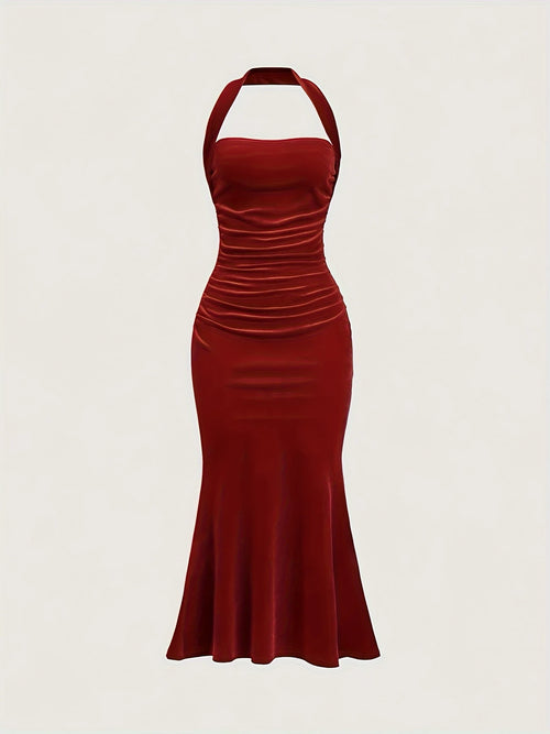 Halter Yaka Kadife Elbise