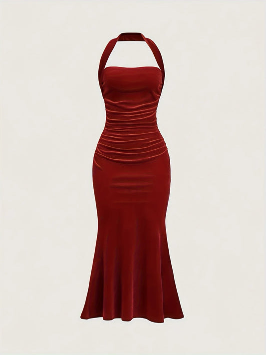 Halter Yaka Kadife Elbise
