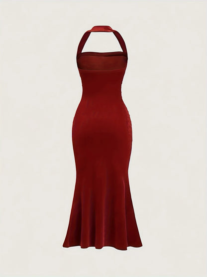 Halter Yaka Kadife Elbise